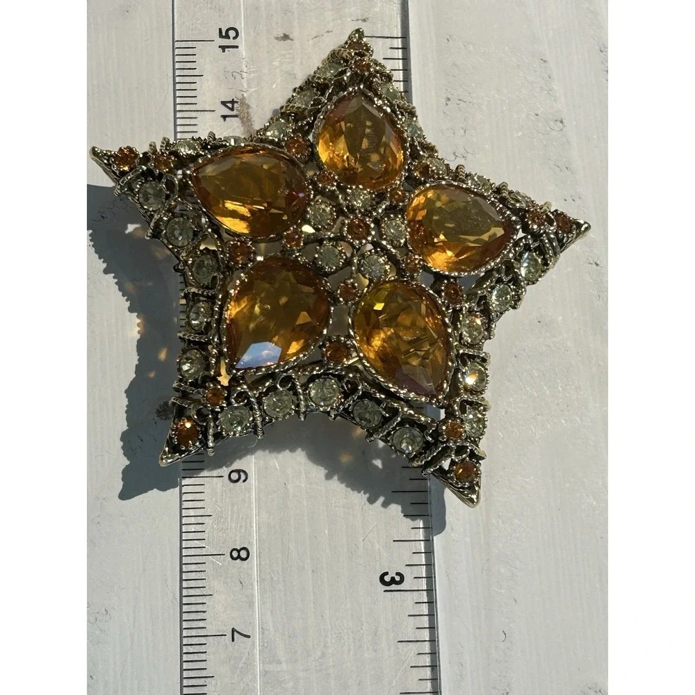 VTG KJL Kenneth J. Lane Orion Star Book Piece Gold Topaz Rhinestone Glass Brooch